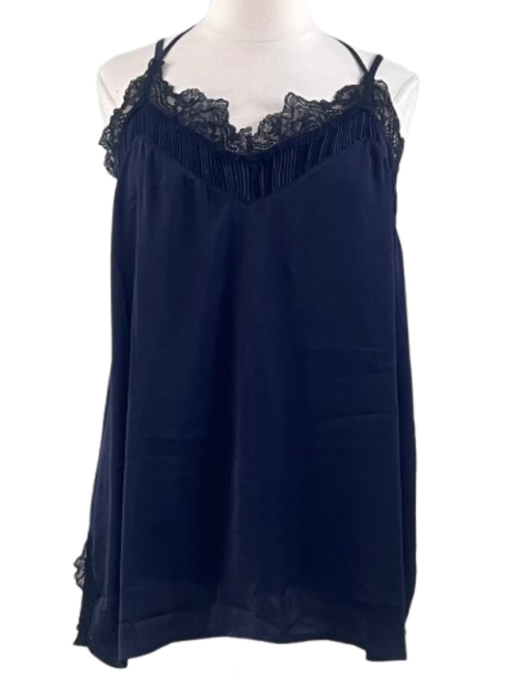 Navy Pleated Tank with Black Lace Trim